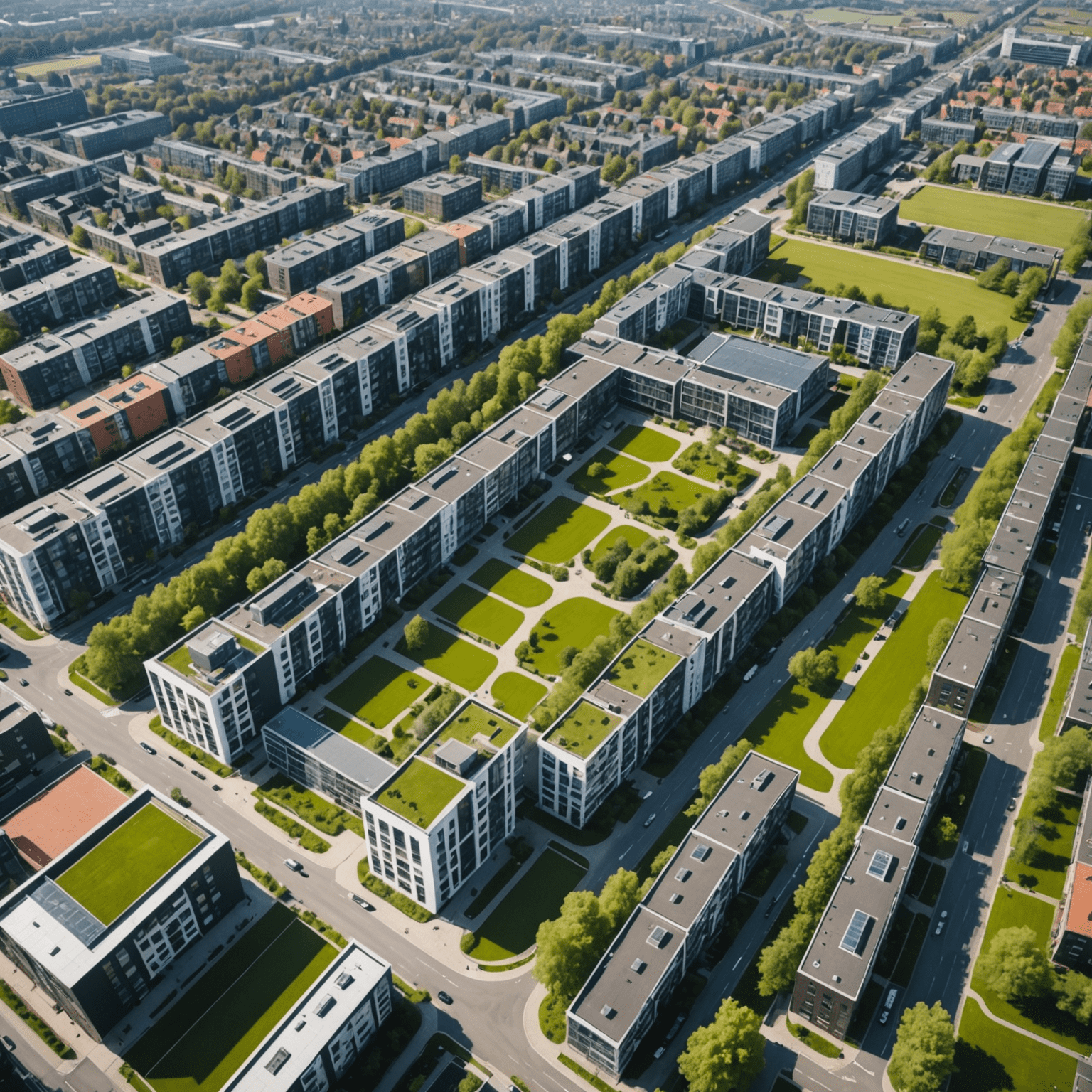 Luchtfoto van een moderne Nederlandse stad met nieuwe woonwijken, groene ruimtes en slimme infrastructuur
