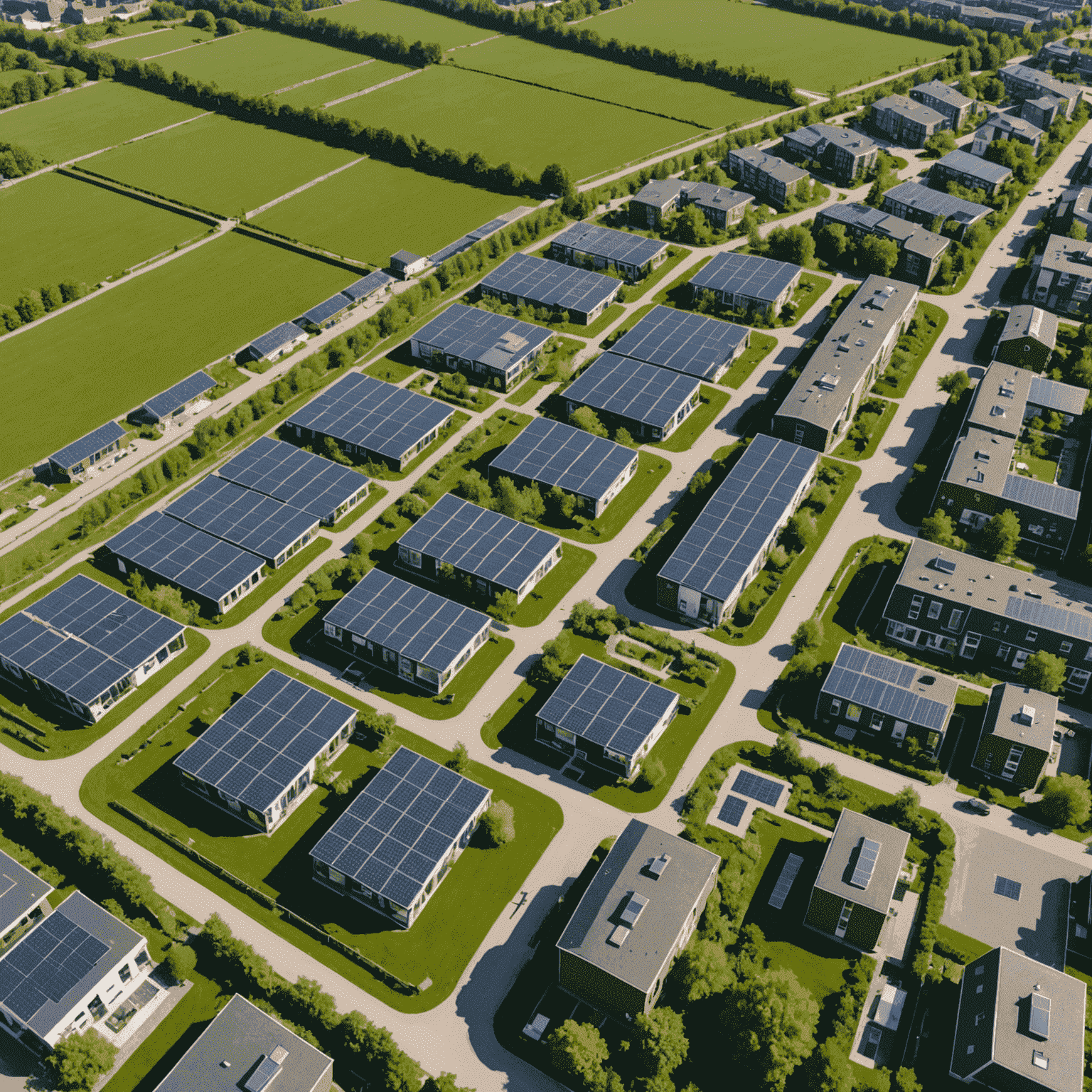 Luchtfoto van een moderne, duurzame woonwijk in Nederland met zonnepanelen, groene daken en gemeenschappelijke tuinen