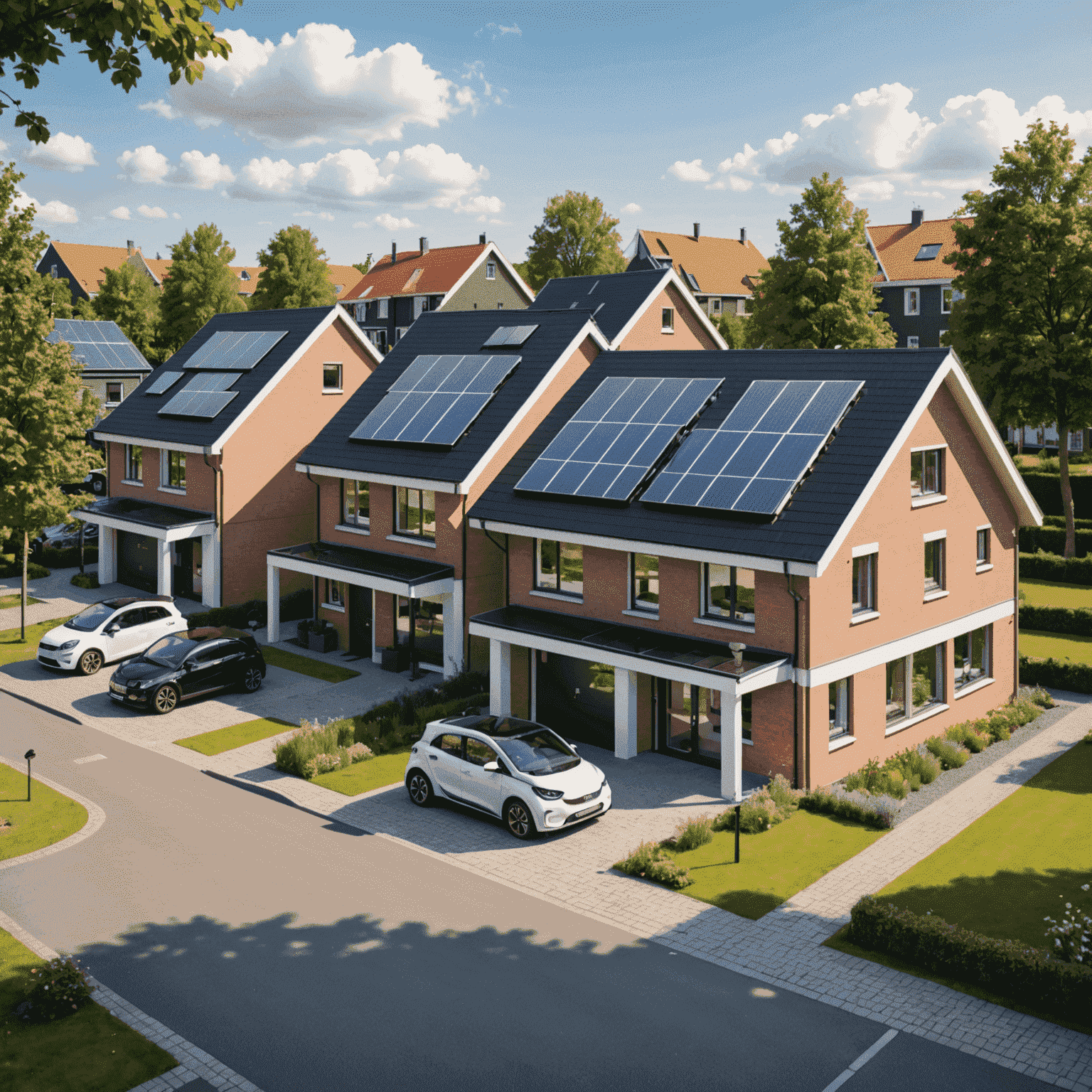Een moderne Nederlandse woonwijk met slimme huizen, zonnepanelen en elektrische auto's voor de deur