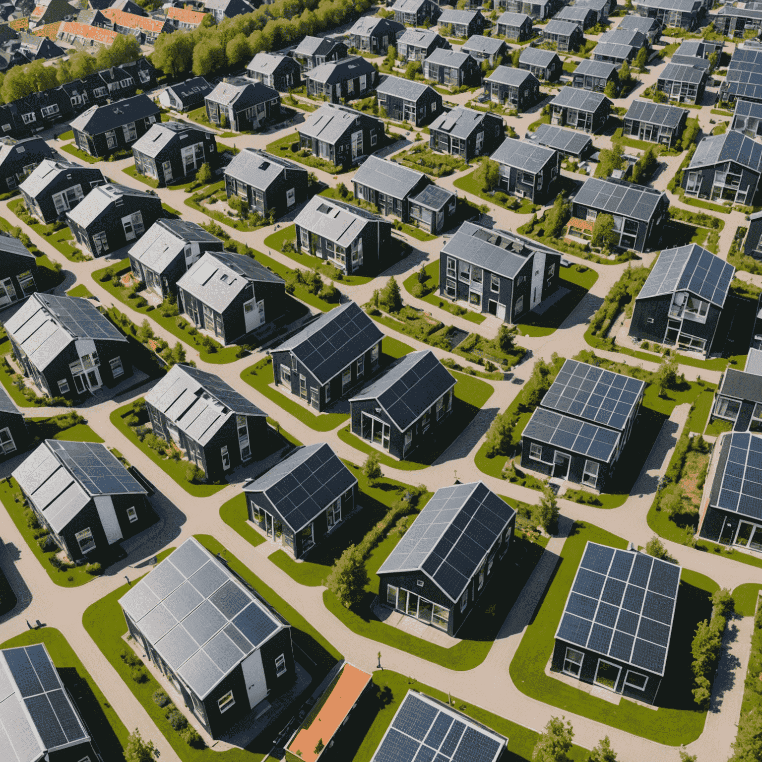 Luchtfoto van een moderne, duurzame woonwijk in Nederland met een mix van betaalbare en marktconforme woningen, zonnepanelen op de daken en groene openbare ruimtes