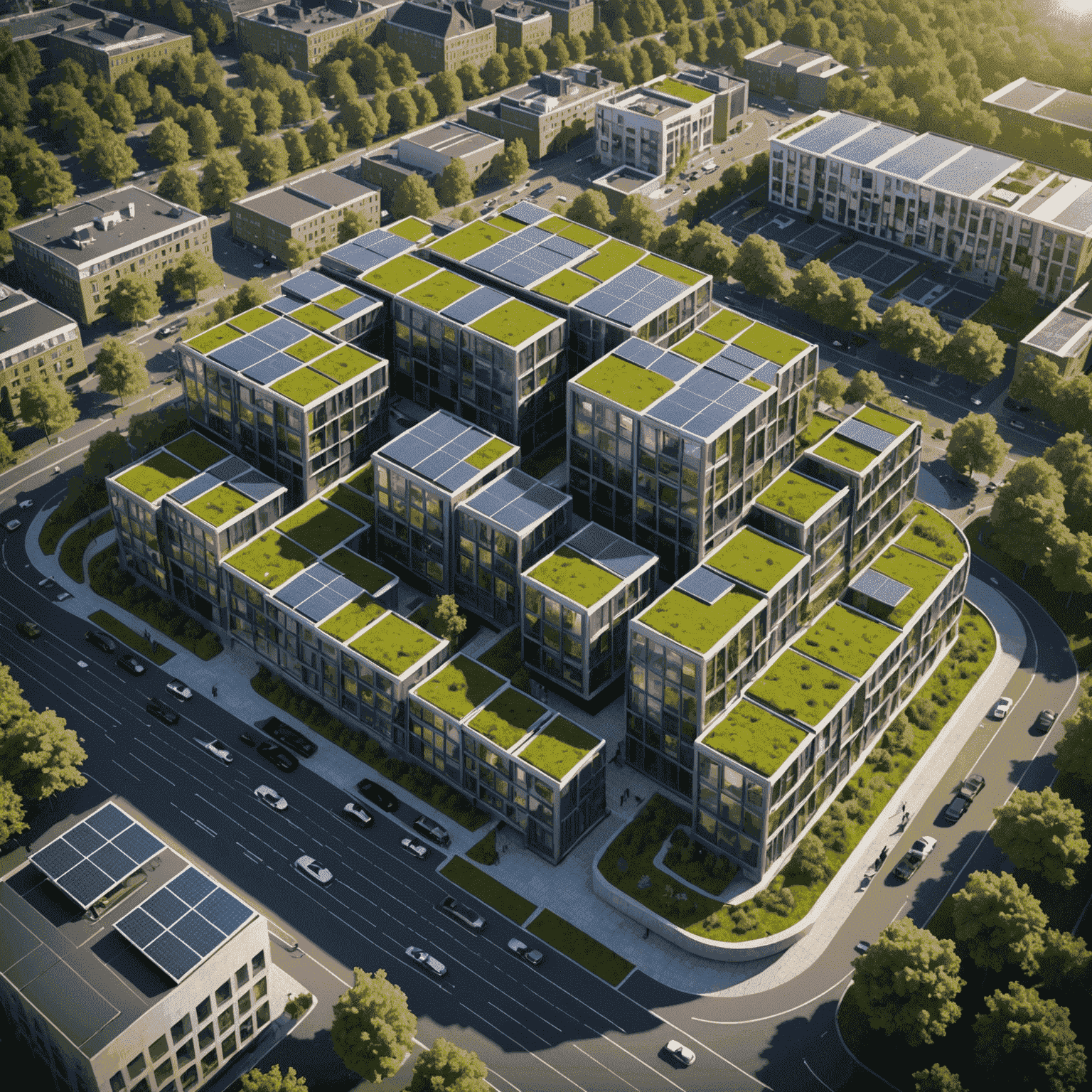 Futuristische 3D-render van een smart city project in Tilburg met geïntegreerde zonnepanelen en groene daken