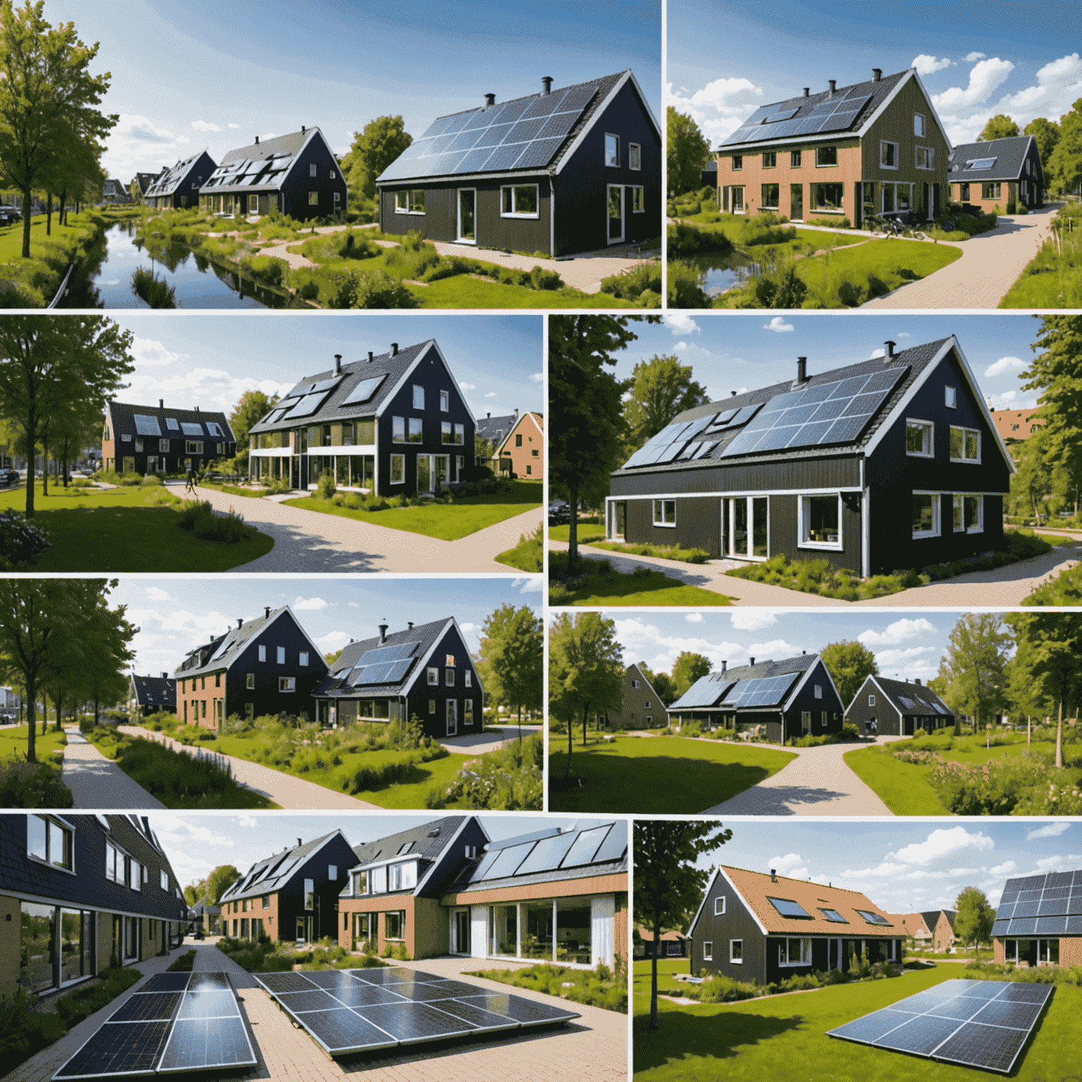 Collage van innovatieve, milieuvriendelijke woningbouwprojecten in Nederland, met zonnepanelen, groene daken en energiezuinige ontwerpen