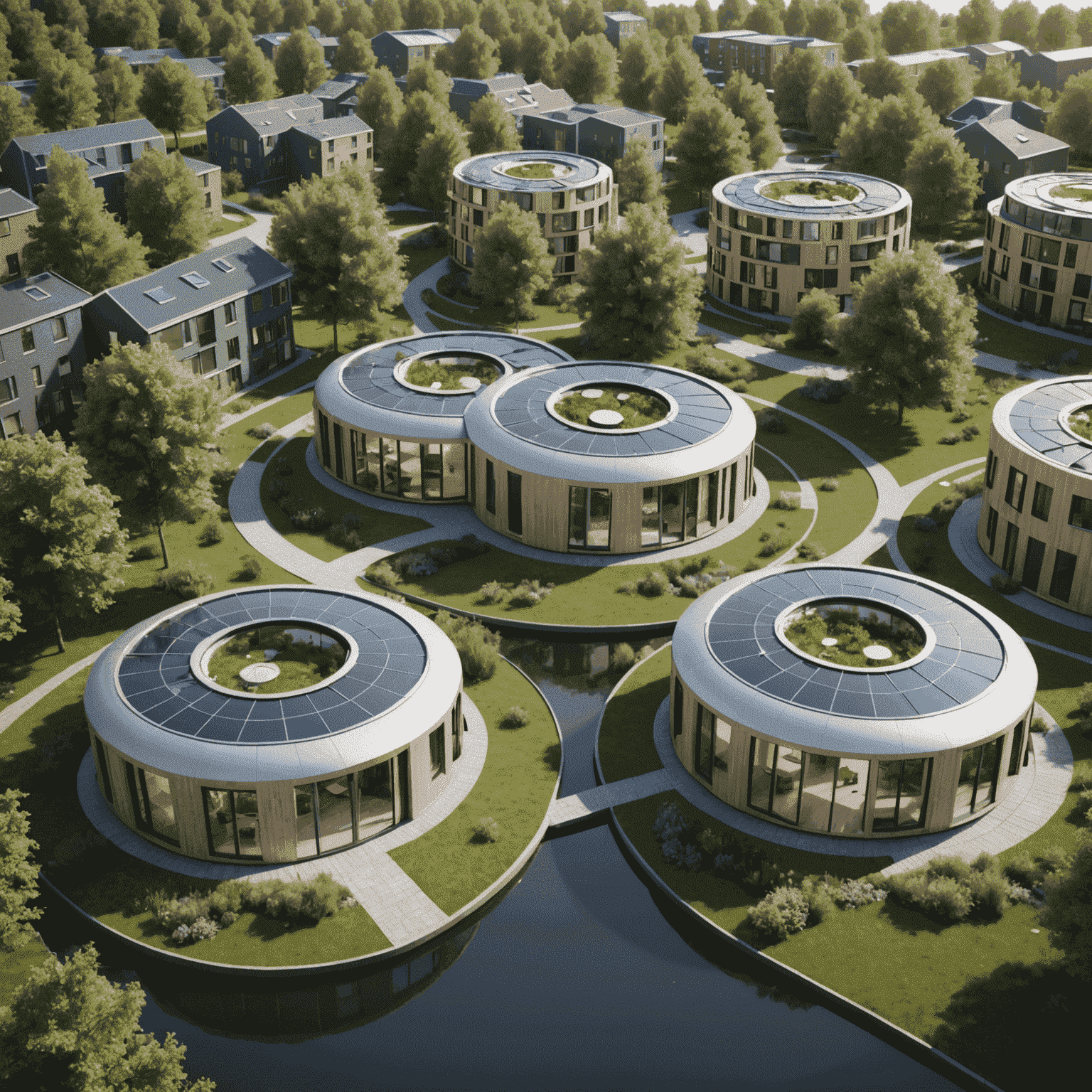 Render van de Circulaire Woonwijk in Eindhoven, met modulaire huizen gemaakt van gerecyclede materialen en een centraal waterrecycling systeem