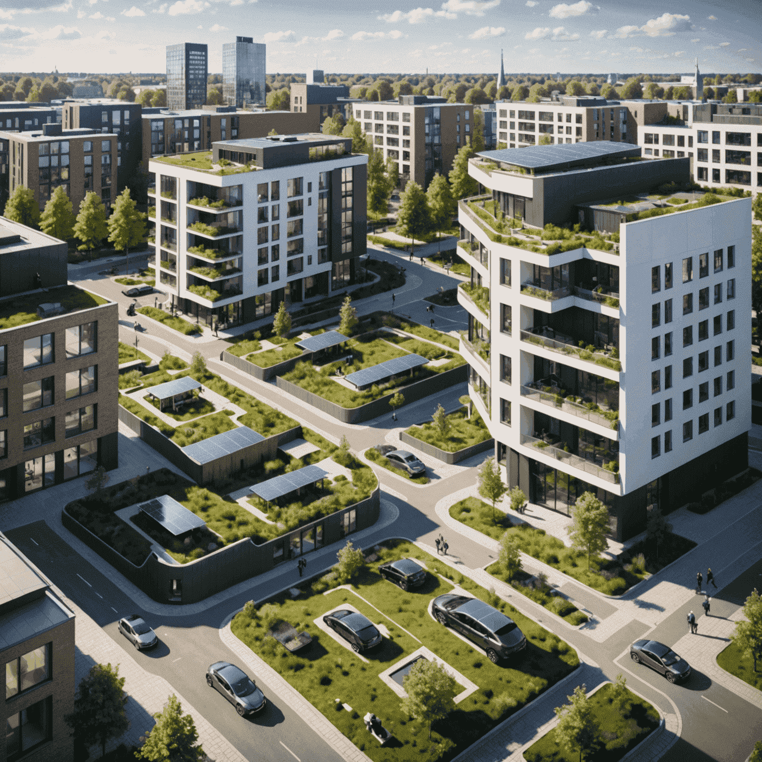 Render van de 'Slimme Wijk' in Eindhoven, met moderne, energiezuinige appartementen, groene daken, zonnepanelen en elektrische deelauto's op de voorgrond