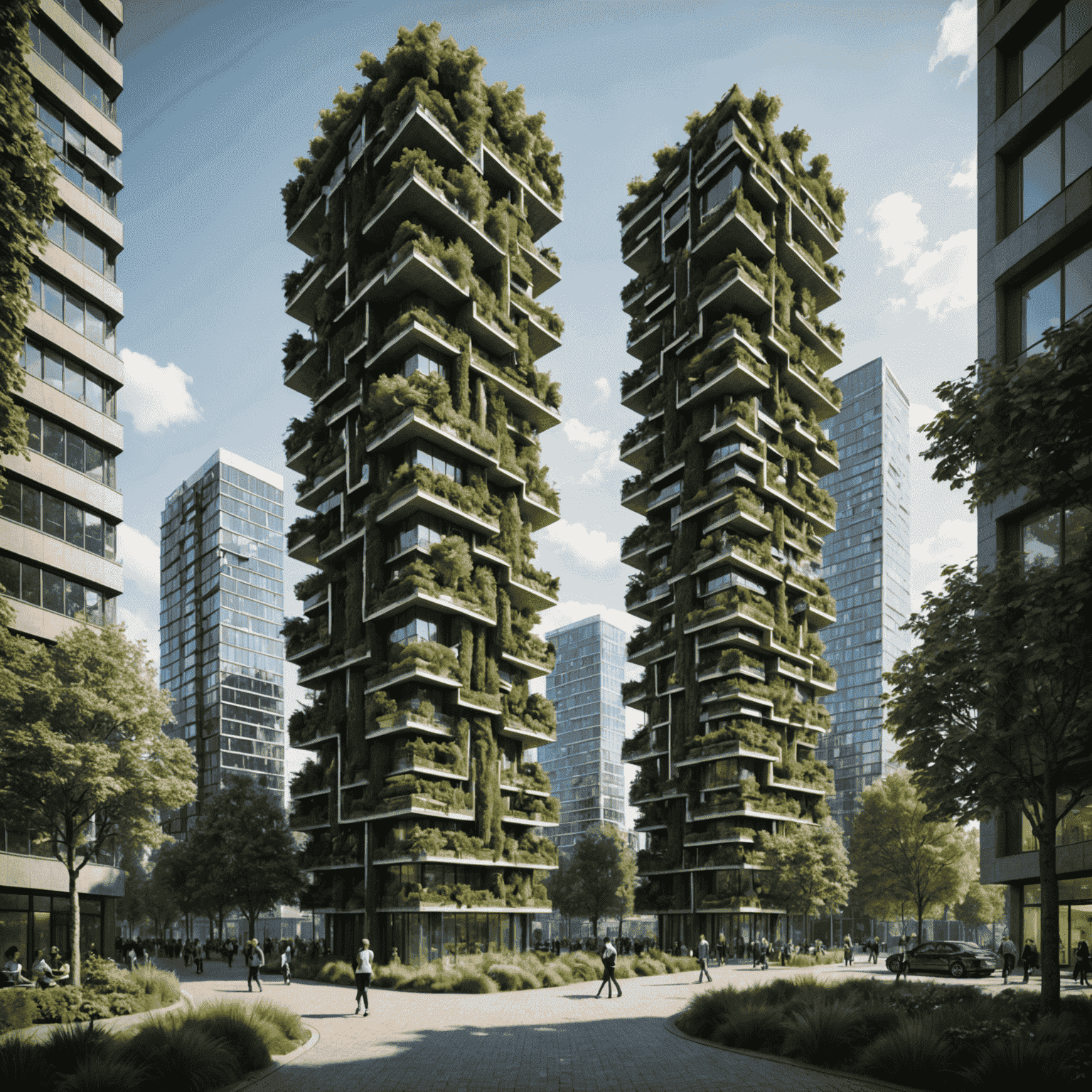 Conceptuele weergave van de Verticale Bostoren in Rotterdam, een hoog gebouw bedekt met bomen en planten, omringd door moderne stedelijke architectuur