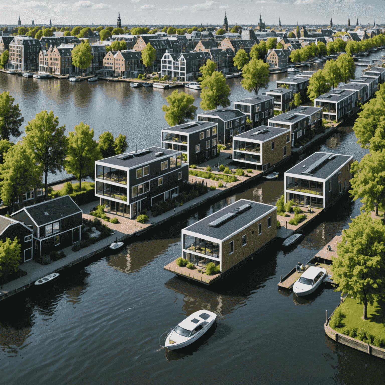 Panoramisch uitzicht op de Drijvende Woonwijk in Amsterdam, met moderne drijvende huizen verbonden door loopbruggen, omringd door water en groen