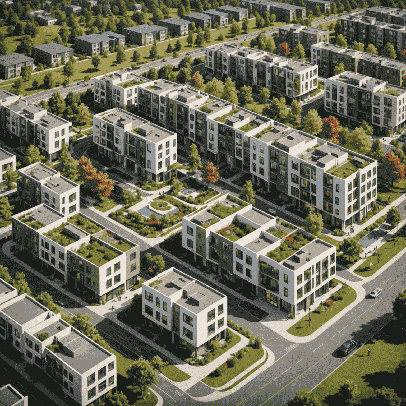 Gemengde woonwijk met betaalbare woningen, groene ruimtes en gemeenschapsvoorzieningen, die duurzame stadsontwikkeling illustreren